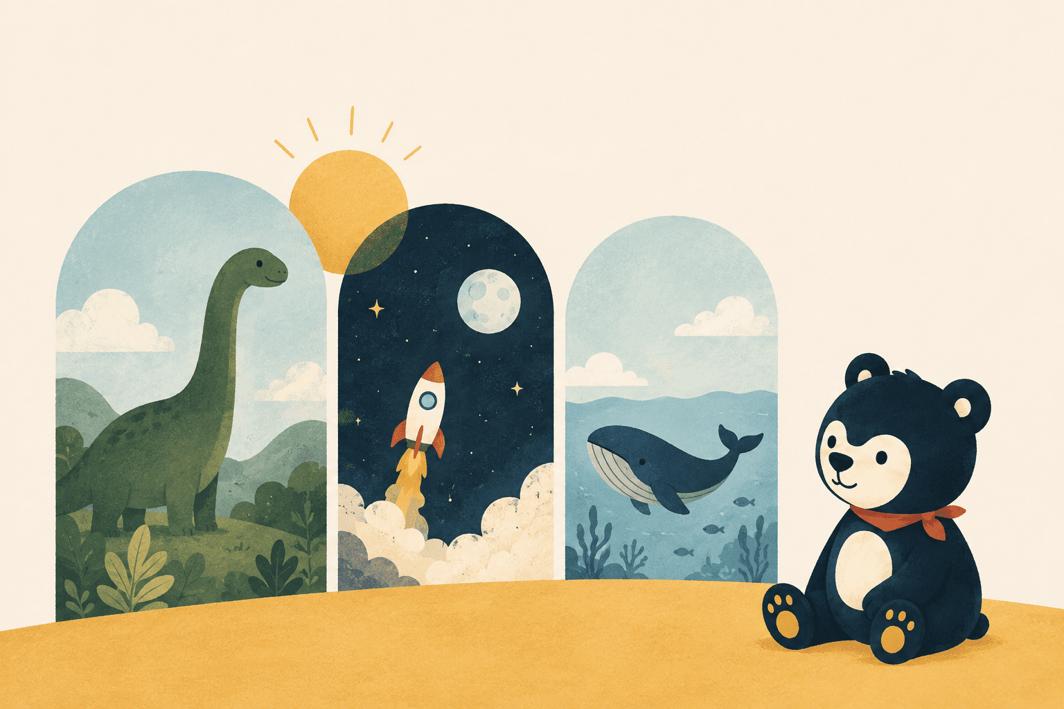 Cub beside illustrated worlds of dinosaurs, space and the ocean.